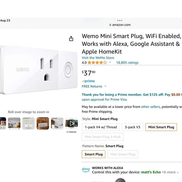 $37 WEMO MINI Smart Plug works with Google, Alexa, Siri - Picture 1 of 8